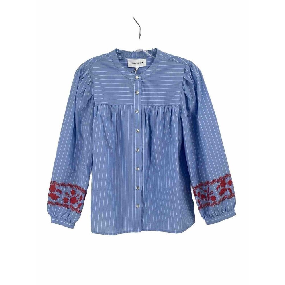 Dear John Xanthe Red Embroidered Blouse Button Down Blue Stripe Sz Small NWT